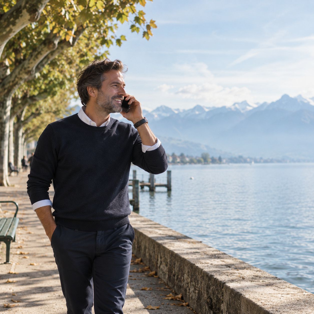 Un homme au téléphone sur une promenade au bord d’un lac, montagnes enneigées au loin.
