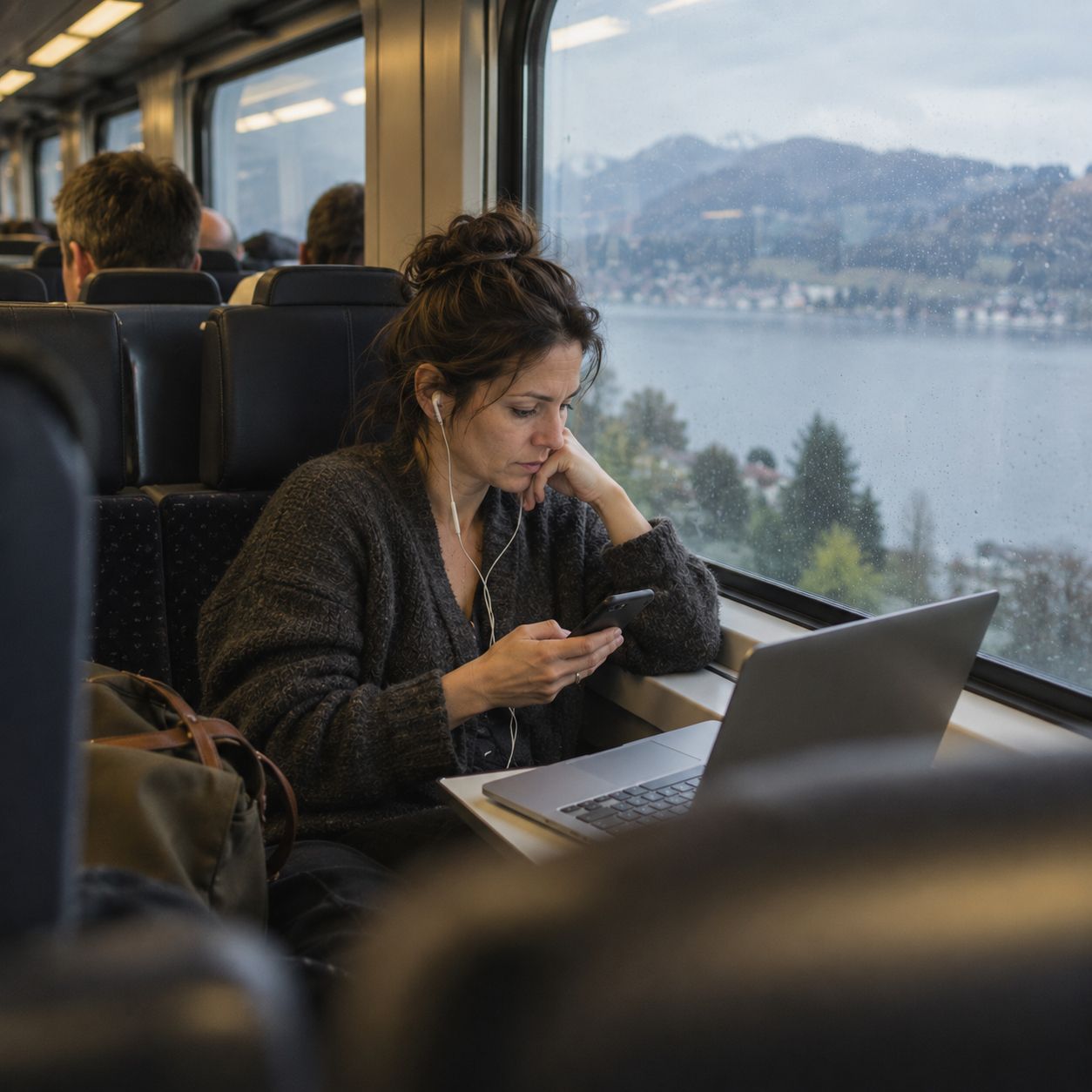 Une femme consulte son téléphone dans un train, son ordinateur portable ouvert, un lac derrière la vitre.