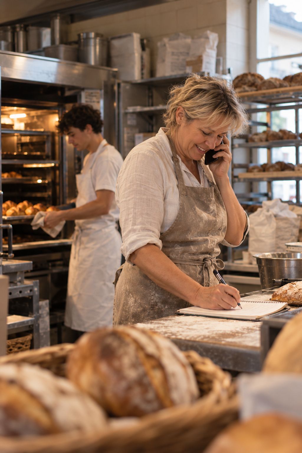 Une boulangère au téléphone note une commande dans son fournil, son apprenti sort une fournée derrière elle.