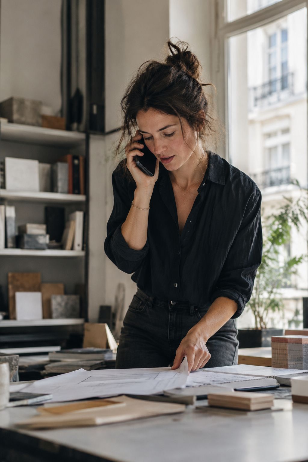 Une architecte indépendante au téléphone, penchée sur ses plans et ses échantillons de matériaux.