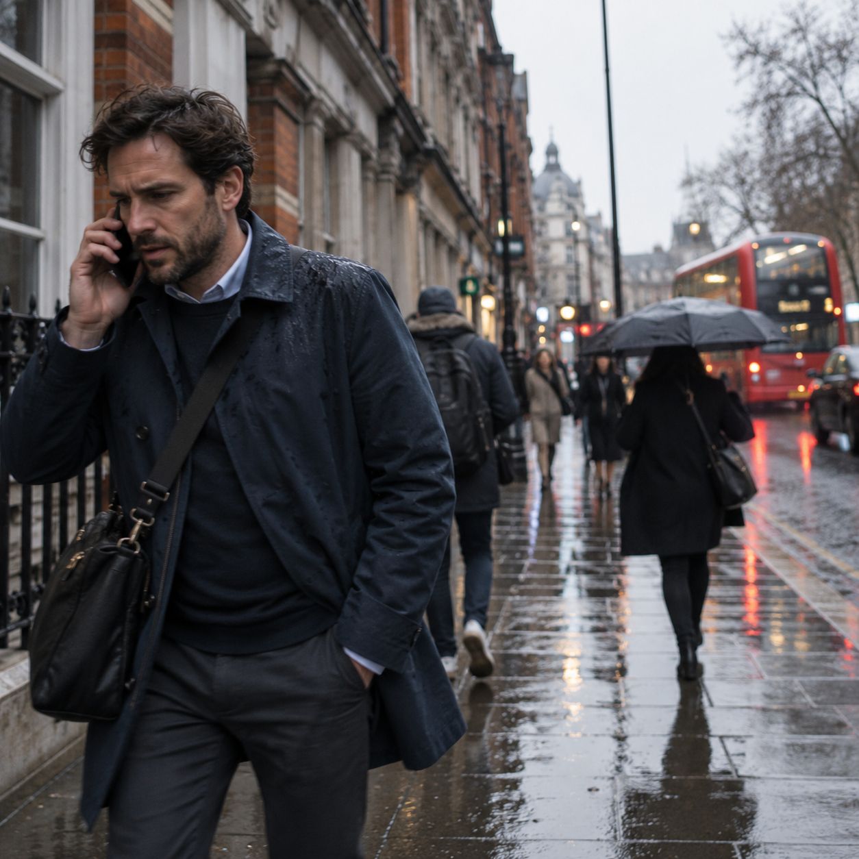 Un homme au téléphone marche sous la pluie dans une rue de Londres, un bus rouge au loin.