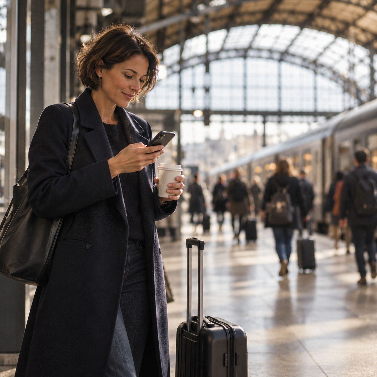 Une voyageuse lit un message sur son téléphone sur le quai d’une grande gare, sa valise à côté d’elle.